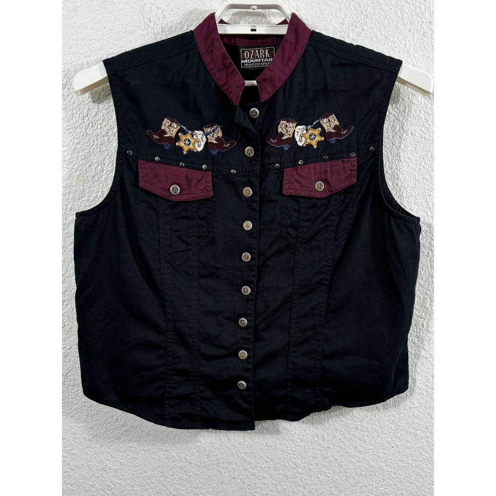 Vintage Ozark Mountain Vest Womens Large Black Western Embroidered Cropped 00s